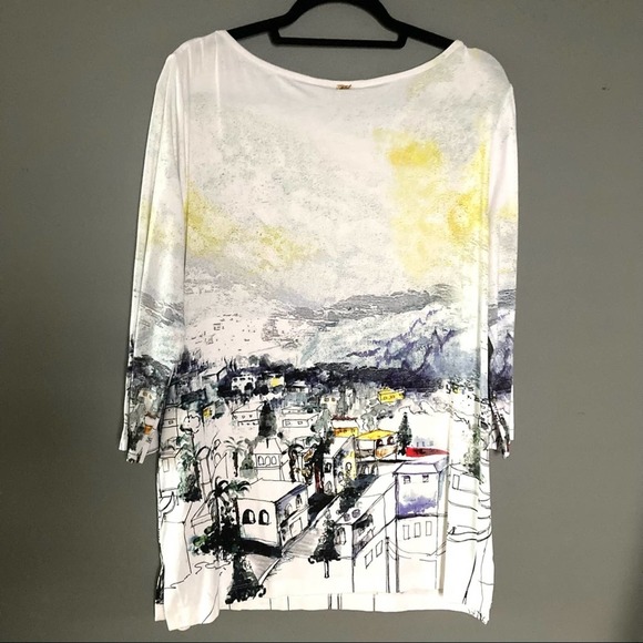 St John Graphic top / blouse with ski town scene studs Medium NEW knit - Picture 5 of 9